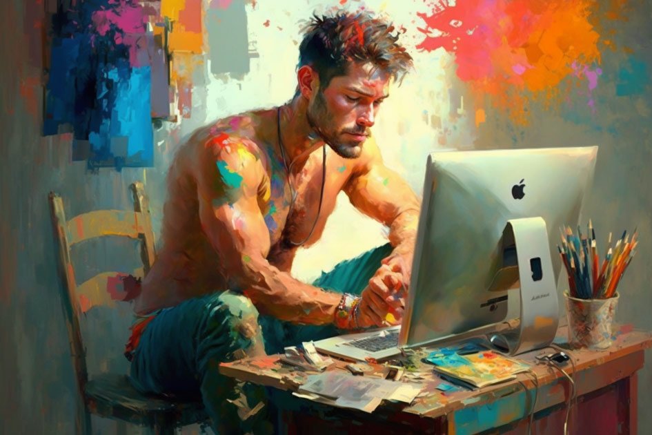 artiste-peintre-muscle-torse-ordinateur-travailler-en-ligne