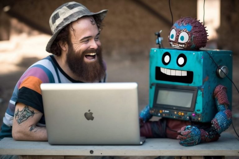 un artiste qui communique avec un robot amical et qui discutent ensemble de comment développer une carrière d'artiste