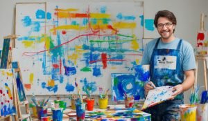 Happy artist painter with assistant