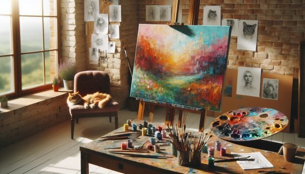 Dans un atelier d'artiste lumineux, un grand chevalet supporte une toile à moitié peinte, montrant un paysage abstrait aux couleurs vives. Sur une table à côté, une palette de peinture éclaboussée de multiples couleurs et des pinceaux de différentes tailles. Des croquis et des photos d'inspiration sont épinglés sur un mur en briques. La lumière douce du soleil filtre à travers une grande fenêtre, illuminant un vieux fauteuil confortable et un chat roux endormi.