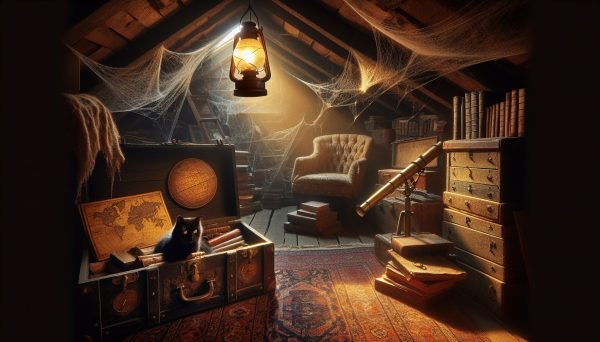un vieux grenier poussiéreux, éclairé par la lumière dorée d'une lampe à huile suspendue. Au centre, une malle en bois ancienne est entrouverte, révélant des trésors cachés : des livres anciens aux couvertures en cuir, une vieille carte du monde jaunie et une lunette d'astronomie en laiton. Des toiles d'araignée ornent les coins du plafond et un vieux tapis persan usé couvre le plancher en bois craquant. Un chat noir, aux yeux brillants, se repose paisiblement sur un fauteuil élimé, ajoutant une touche de mystère et de nostalgie à cette scène empreinte d'histoire et de souvenirs.